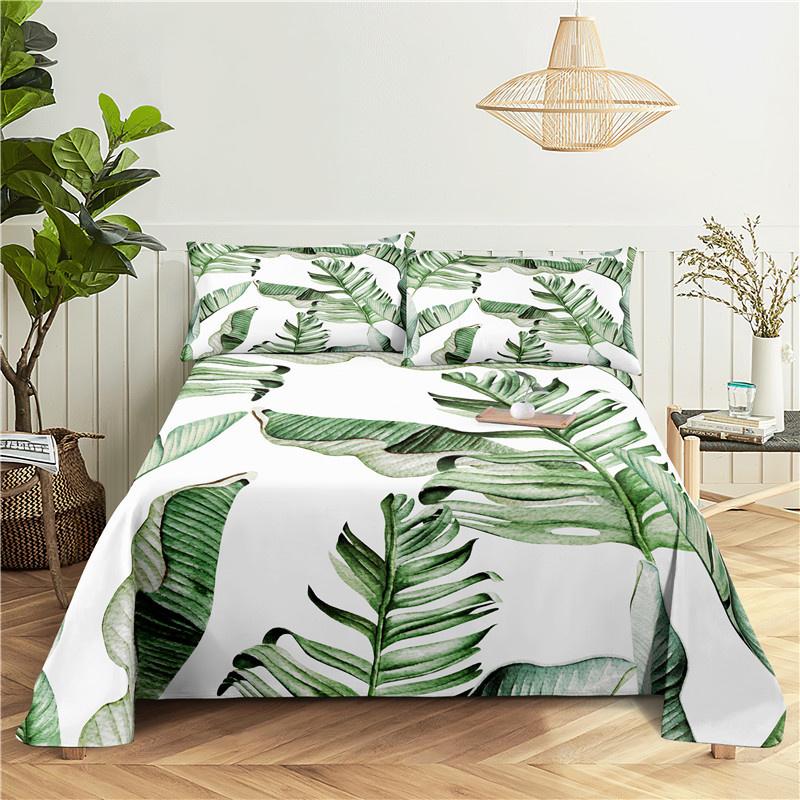 Green Leaves 0.9/1.2/1.5/1.8/2.0m Digital Printing Small Fresh Polyester Bed Sheet With Pillowcase Print Bedding Set
