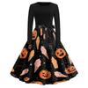 Women's Casual Vintage Halloween Print Dress Long Sleeve Round Neck A-Line Retro Style Midi Dress with Waist Tie for Seasonal Wear