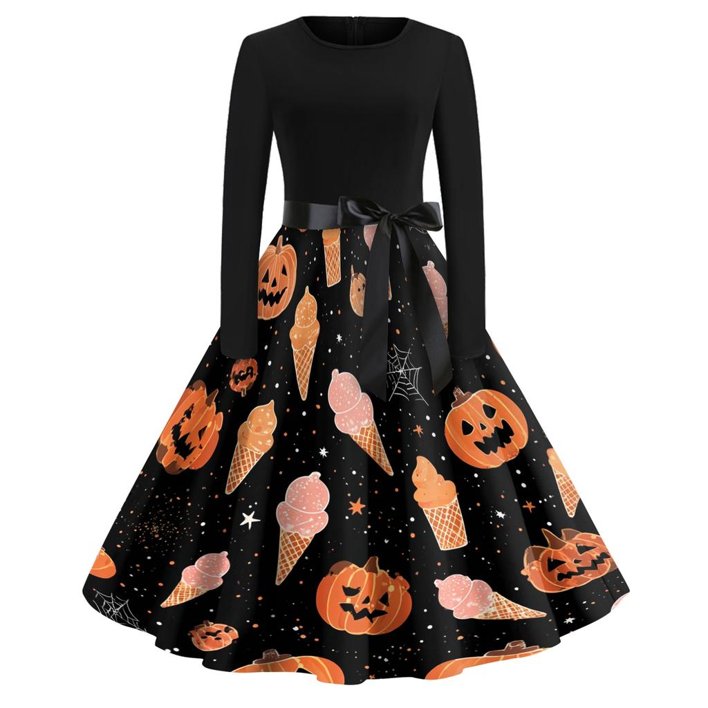 Women's Casual Vintage Halloween Print Dress Long Sleeve Round Neck A-Line Retro Style Midi Dress with Waist Tie for Seasonal Wear