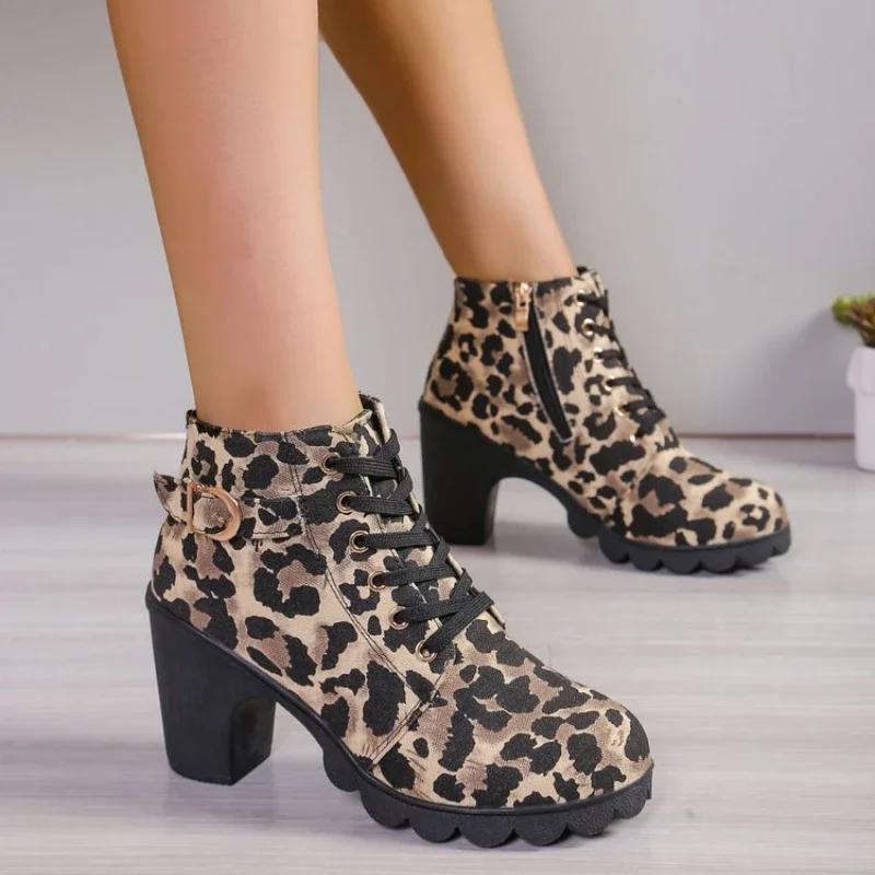 2024 Новые ботильоны женские туфли на высоком каблуке женские спортивные ботинки с леопардовым принтом на толстом каблуке с острым носком модные вестерн-ботинки
