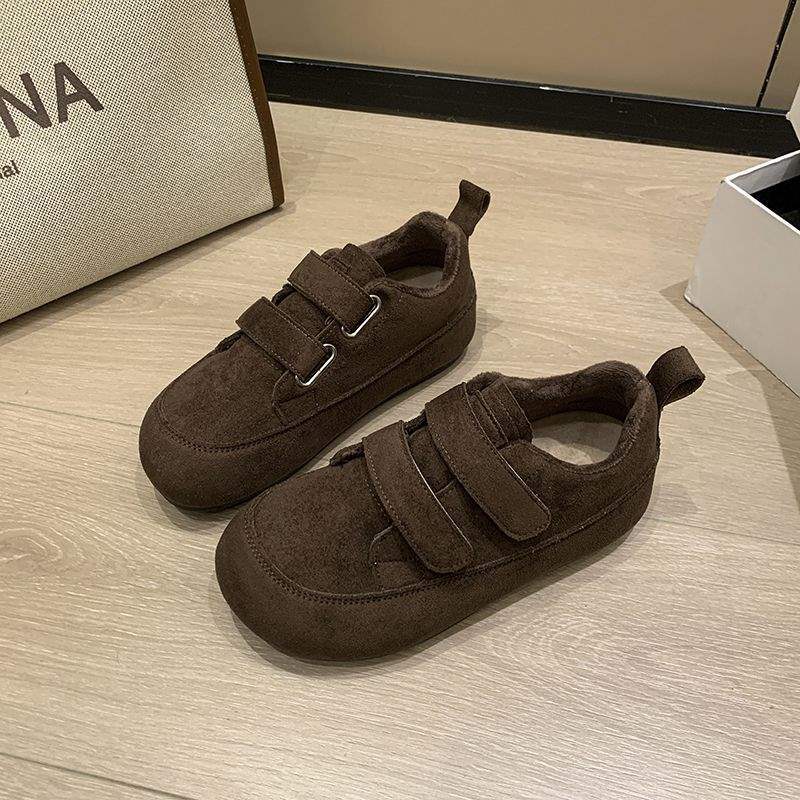 Женские бархатные туфли на толстой подошве, туфли-хлебцы, зима 2025, новые, универсальные, на липучке, повседневные спортивные термохлопковые туфли