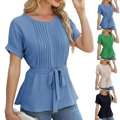 Женская повседневная рубашка с оборками и круглым вырезом, короткий рукав