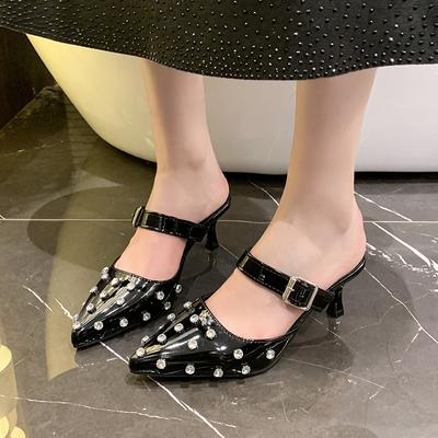 Летние Новые Босоножки Баотоу Женские Остроносые С Мелким Вырезом Хрустальная Пряжка Противоскользящие Износостойкие Высокие Каблуки