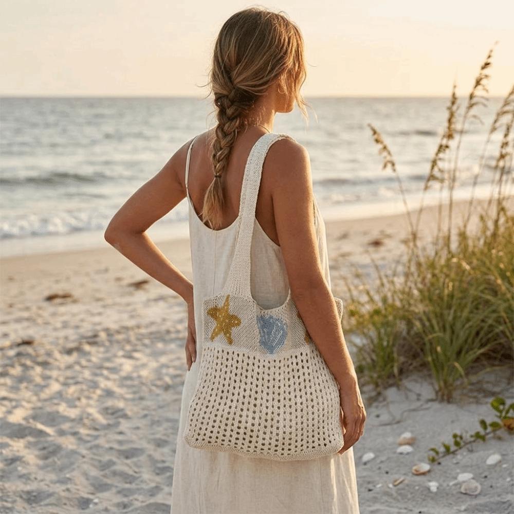Sweet Starfish Knitted Tote Bag Woolen Shell Crochet Handbag Large Capacity Korean Style Hollow Shoulder Bag Beach