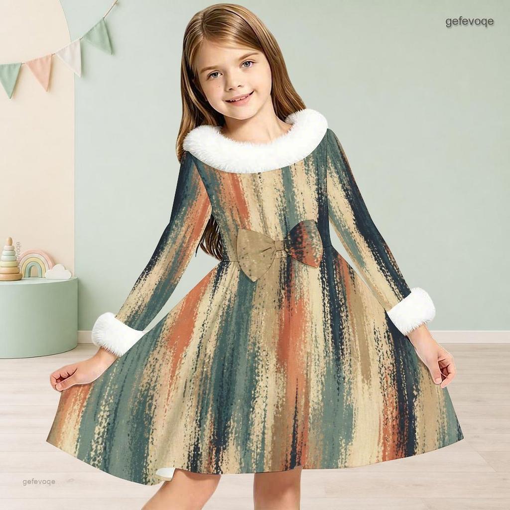 Girls Faux Fur Collar Long Sleeve Printed A Line Flared Dress With Bow