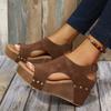 Fashion Fish Mouth Rivet Wedge Platform Sandals Women Plus Size Romen Sandals Vintage Wood Grain Sole Sandalias De Mujer 2024