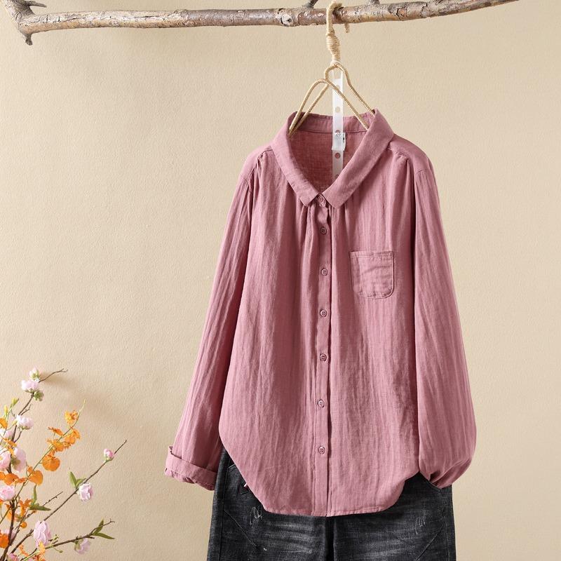 Двухслойная хлопковая пряжа с длинными рукавами, женская художественная рубашка с маленьким острым воротником, простая универсальная базовая рубашка, топ, блузки и рубашки