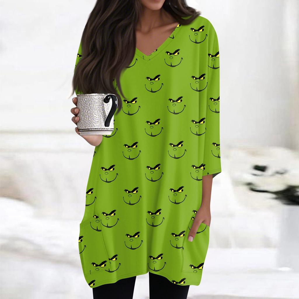 Женские топы с V-образным вырезом и рукавом 3/4, повседневные блузки средней длины, модные туники с рождественским принтом и карманами