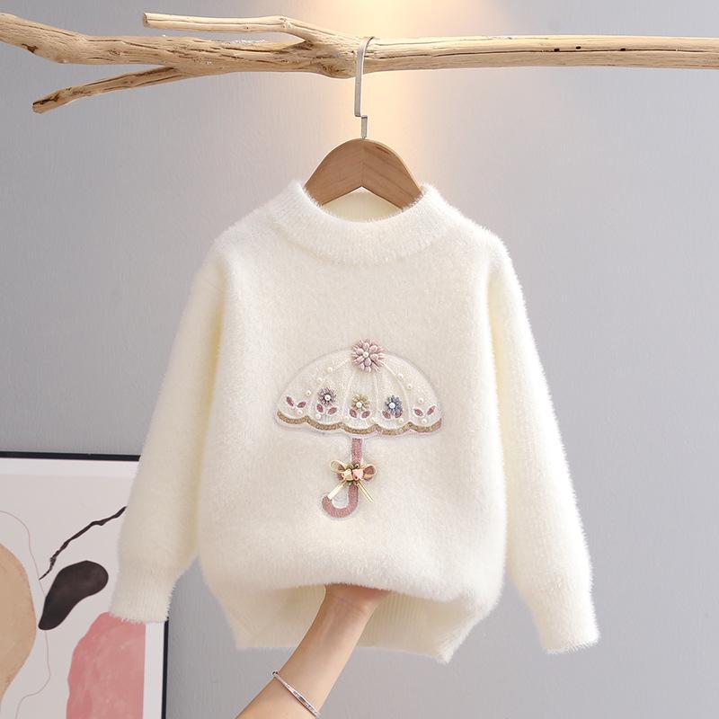 Child Sweater Autumn Winter Pullover Tops Girls Round Neck Sweaters Velvet Cartoon Long Sleeve Knitted Shirt