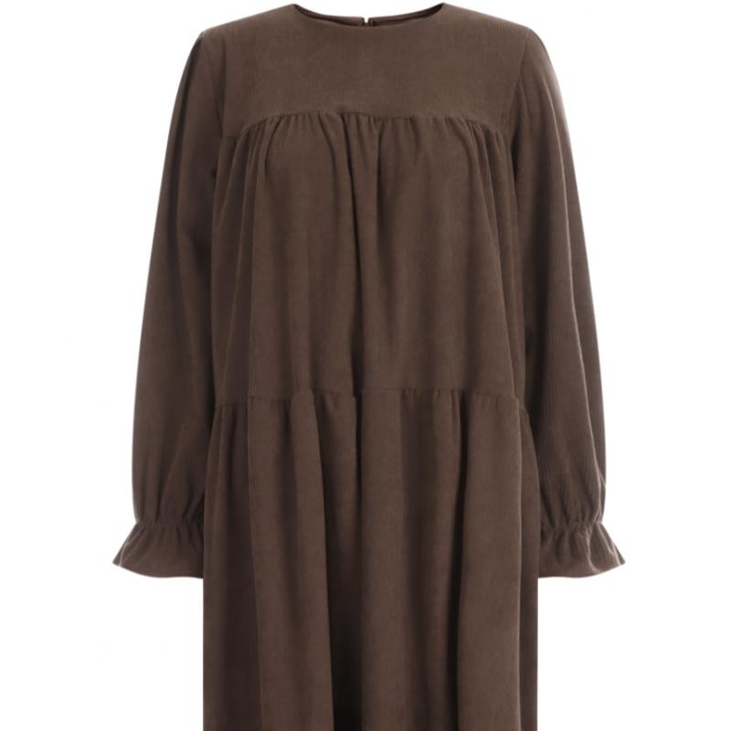 Shop Women Suede Round Neck 3 Tier Ruffle Corduroy Long Dress Pic Wdr 20083 Be