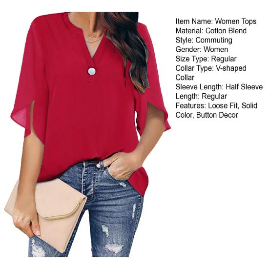 Yousheng Women Tops V-Neck Button Decor Half Sleeve Chiffon Blouse Solid Color Loose Fit Breathable Shirt Tops Daily Wear