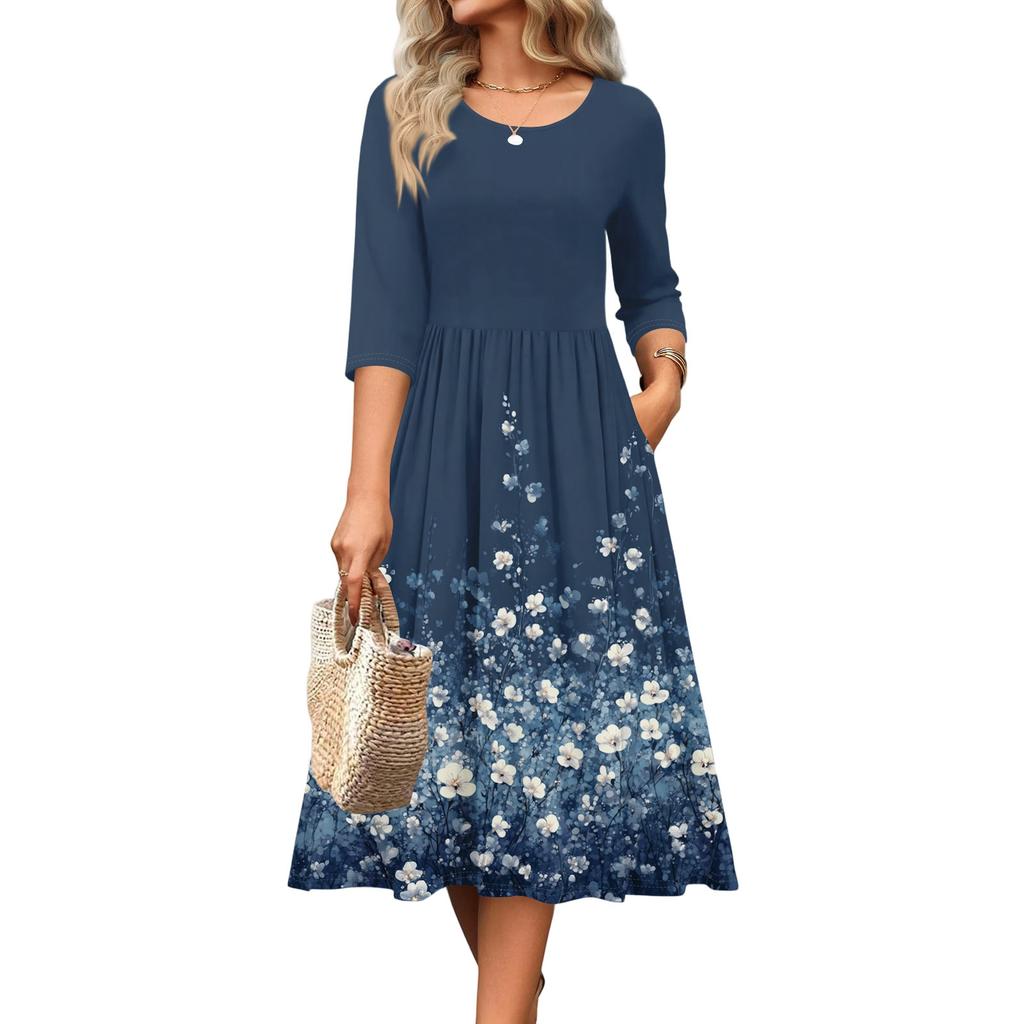 3/4 Sleeve Women's Dress Casual Flowy A-Line Midi Tshirt Dresses With Pockets Crewneck Vocation Boho Beach Sundress