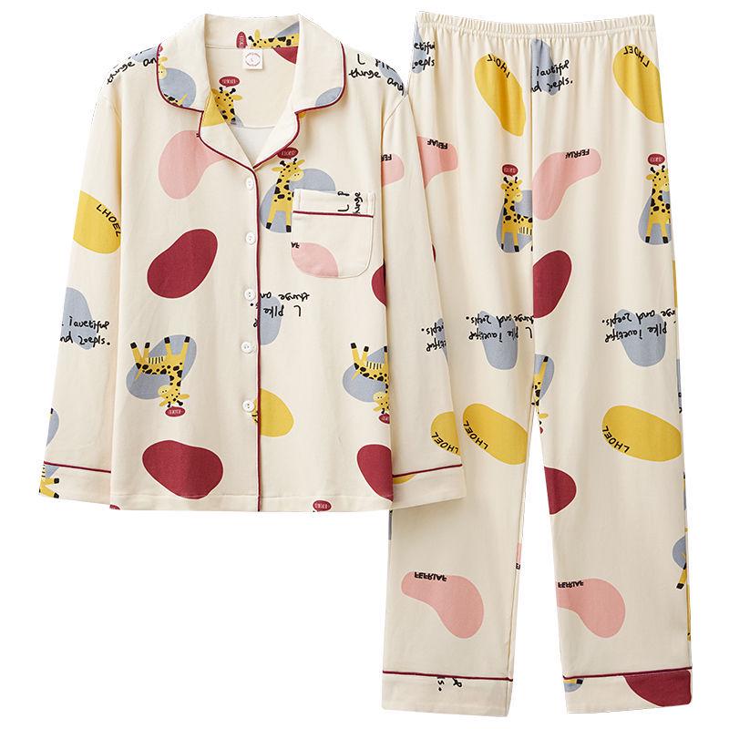 Женский пижамный комплект в корейском мультяшном стиле - 100% хлопок, с длинным рукавом, подходит для весны, осени и зимы, с кардиганом для домашней носки.