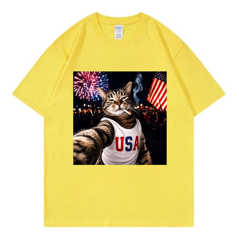 Patriotic Smoking Cat Funny Meme Tshirts High Quality Fashion Short Sleeve Tshirt Unisex Unisex Summer Casual 100cotton T Shirt