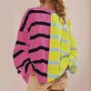 Fall Spring Women Sweatshirt Colorblock Striped Print Round Neck Oversized Pullover Knitted Mid Length Casual Daily Wear Top