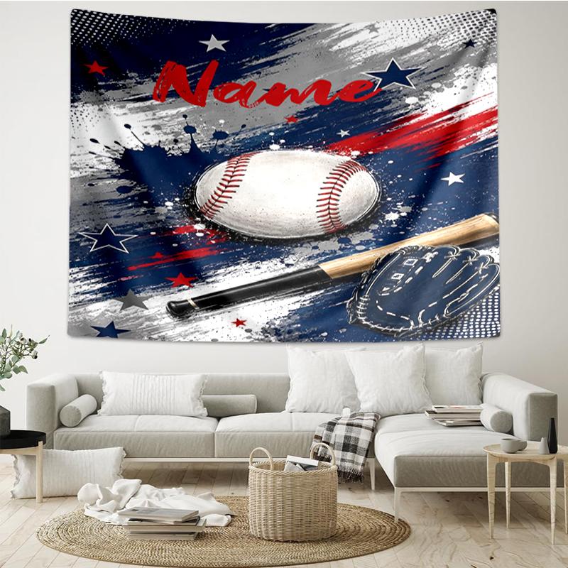 Custom Name Baseball Print Tapestry, Backdrop, Easy Setup, Ideal for Bedroom, Office & Living Room, with Aesthetic Wall Hanging Decor.