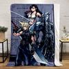 Three characters in detailed fantasy outfits holding large swords. for all seasons blanket lunch break throw gift