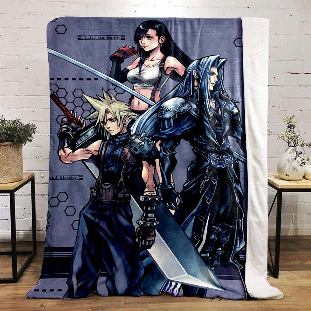 Three characters in detailed fantasy outfits holding large swords. for all seasons blanket lunch break throw gift