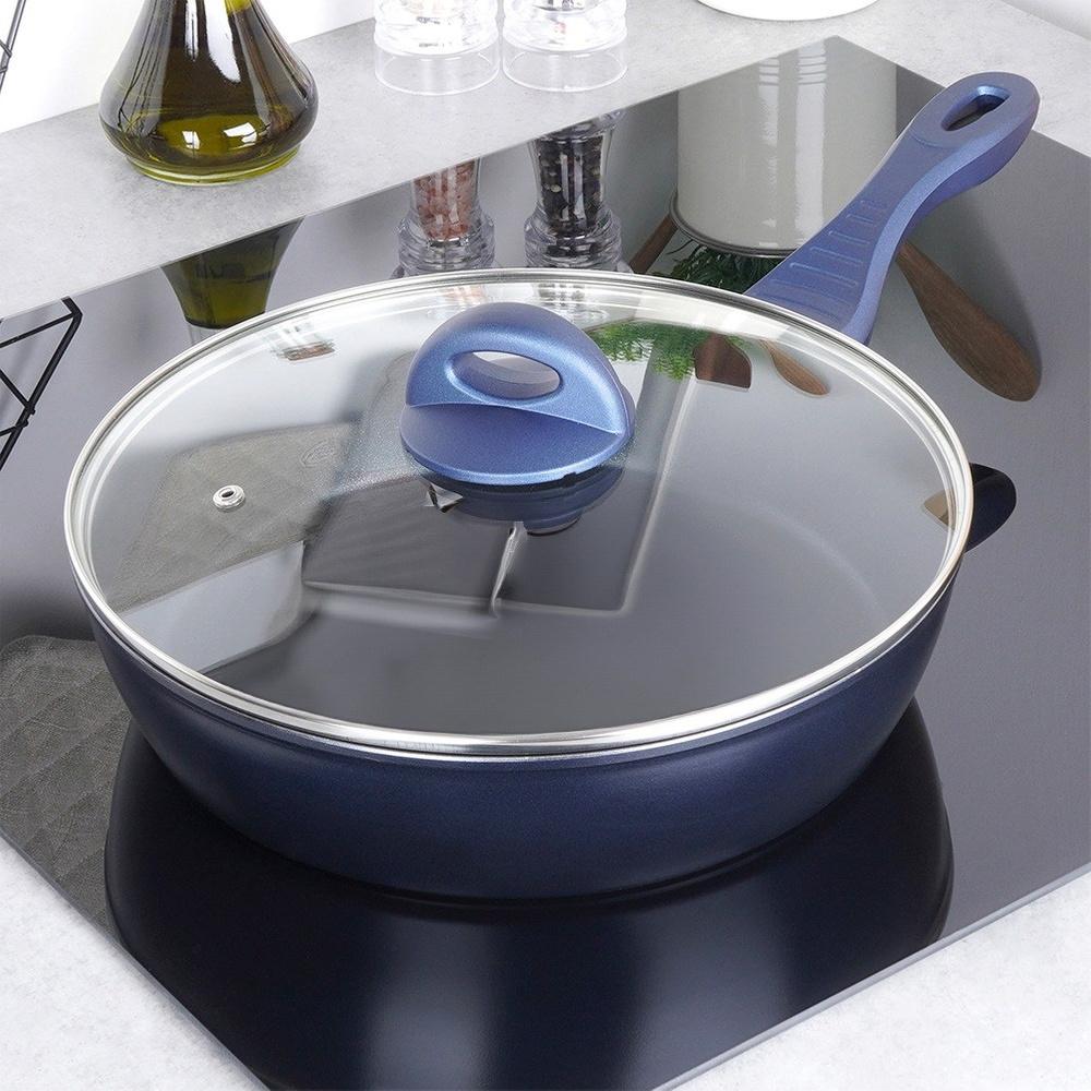 Orion 28 cm Tall Navy Blue Cast Aluminum Frying Pan with Lid and Diamond Non-Stick Coating