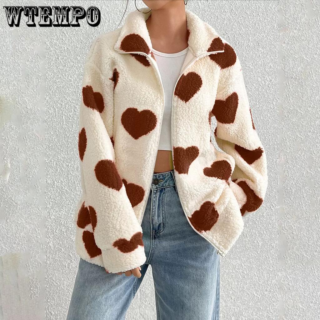 Autumn and Winter Women's Plush Love Printed Loose Long Sleeve Standing Collar Zipper Cardigan Short Jacket