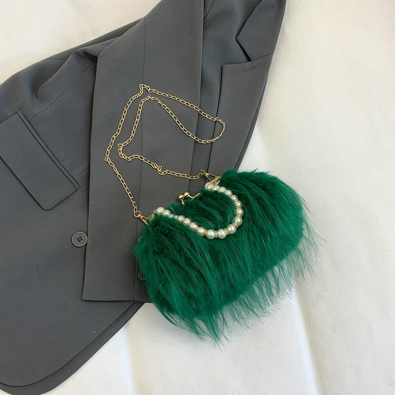 Furry Crossbody Bag with Pearl Handle Fashion Chain Plush Shoulder Bags for Women Soft Faux Fur Evening Party Purse