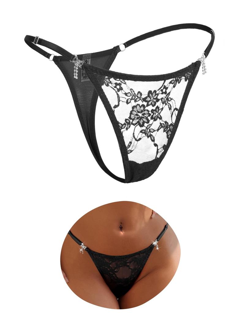 Comeondear Трусики из цветочного кружева со стразами и больших размеров L Женские трусики-стринги с бантиками, регулируемые, сексуальные, прозрачные, формирующие ягодицы, с высоким вырезом для ног,