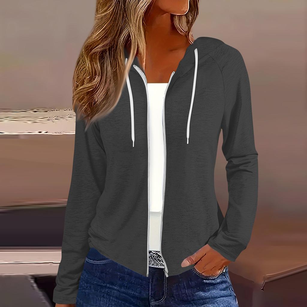 Женская мода повседневная застежка-молния с капюшоном и длинным рукавом толстовки пальто
