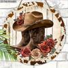 Cowboy Style Wooden Sign with Boots & Flowers Pattern - Retro Round Sign for Front Door, Wall Decor - Ideal Hanging Plaque Party Decoration