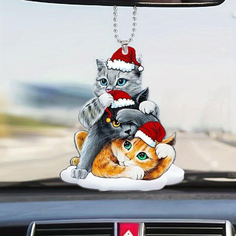 Плоская шляпа Санта-Клауса Подвеска для кошек 2D Рождественские украшения Акриловая подвеска для украшения кошки Автомобиль заднего вида