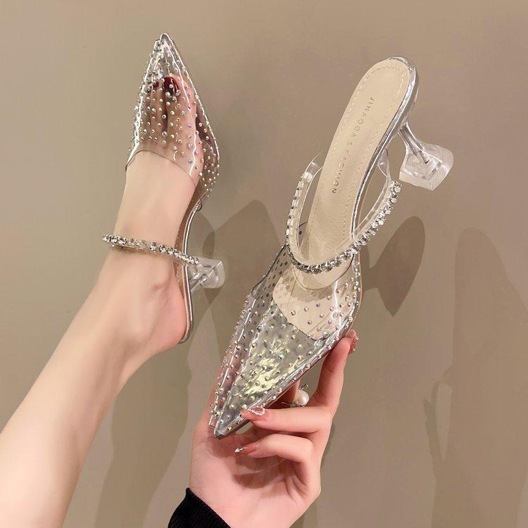 Остроконечные прозрачные туфли на высоком каблуке для женщин, лето 2024, новые туфли на тонком каблуке со стразами, нежное ветровое стекло Fairy