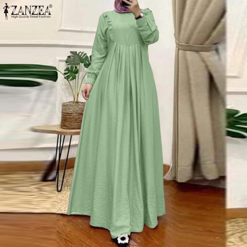 ZANZEA Женское праздничное повседневное платье с круглым вырезом, свободного кроя, с длинным рукавом