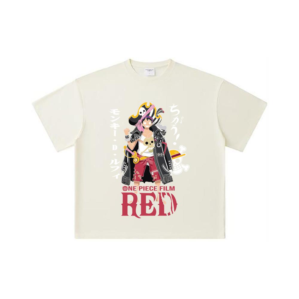 Хлопковая футболка унисекс с принтом Luffy Film Red, плотность 260 г/м², двойная пряжа, 32-й номер, 100% хлопок, цельнокроеная, V79