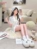 1011 new ice silk pajamas women's summer short-sleeved shorts set French chiffon printed loungewear can be worn outside