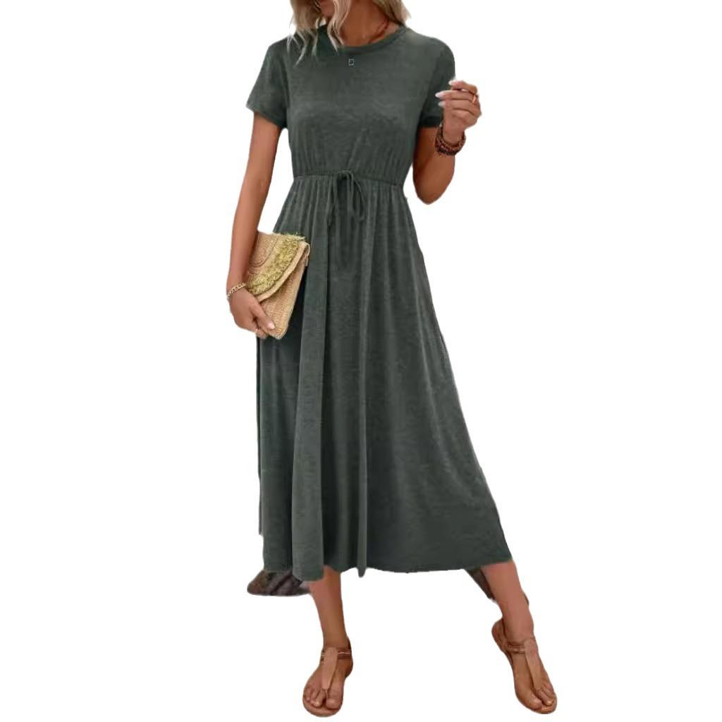 Платье с круглым вырезом, летнее, однотонное, с коротким рукавом, большого размера