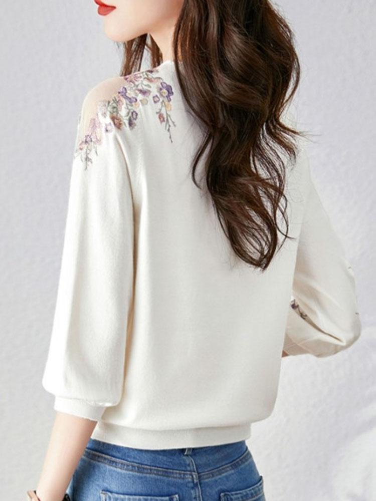 Летний вязаный свитер с цветочной вышивкой, женский пуловер, повседневные модные женские топы с круглым вырезом, вязаные женские пуловеры