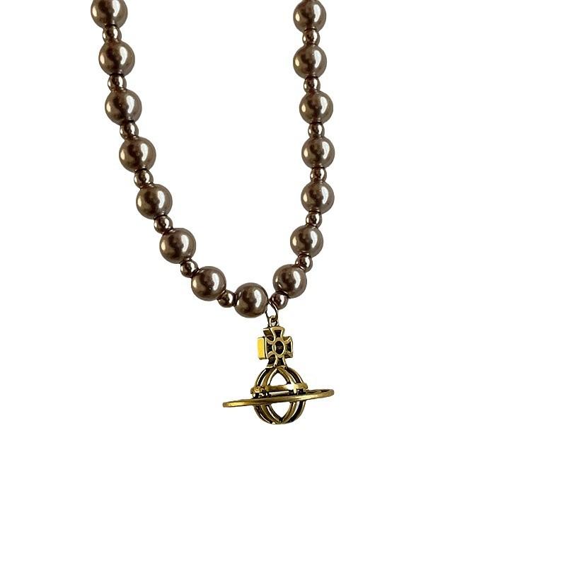 Трехмерная подвеска «Планета» с мокко-золотым коричневым жемчужным ожерельем для женщин, нишевый дизайн, чувство моды, универсальная цепочка на шею, цепочка на свитер