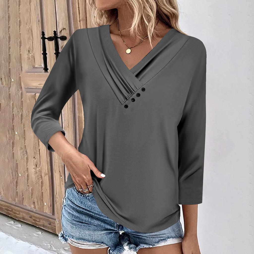 Womens 3/4 Sleeve Daily Weekend V Neck Casual Printed Tshirts Loose Fit Pleated Tees Ladies Blouse