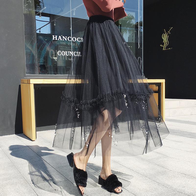 Qooth Женская 3-слойная тюлевая юбка-сетка с цветочным бисером, элегантная длинная юбка-пачка трапециевидной формы с эластичной резинкой на талии на весну и лето QT2146