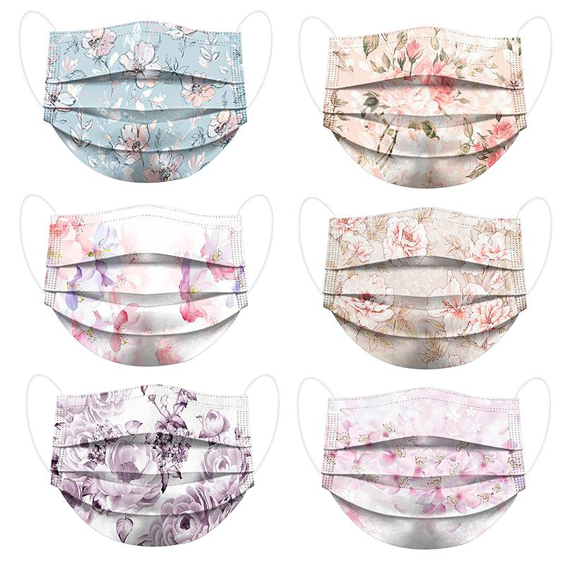 50 шт. фильтрующая маска для лица дышащая с цветочным принтом 3 слоя взрослая пыленепроницаемая маска для рта трехслойная защитная