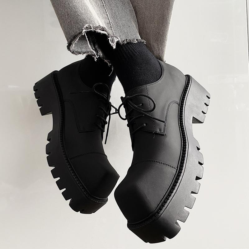 Мужские кожаные туфли на толстой подошве с квадратным носком, платформа 3,5 см, на шнуровке, летняя повседневная обувь на массивном каблуке, черные туфли для увеличения роста