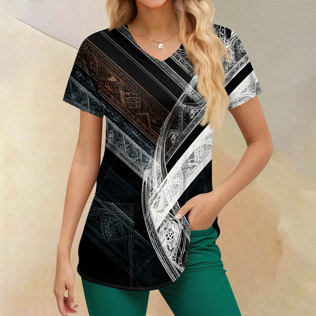 Plus Size Printed Scrub Working Uniform Tops For Women's V-Neck Print Short Sleeve Fun T-Shirts Workwear Tee With Pockets