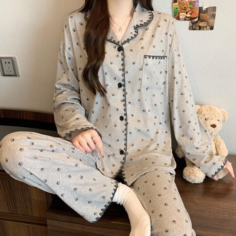Simple puppy sweet spring ins striped shell hemming imitation cotton pajamas casual long-sleeved set