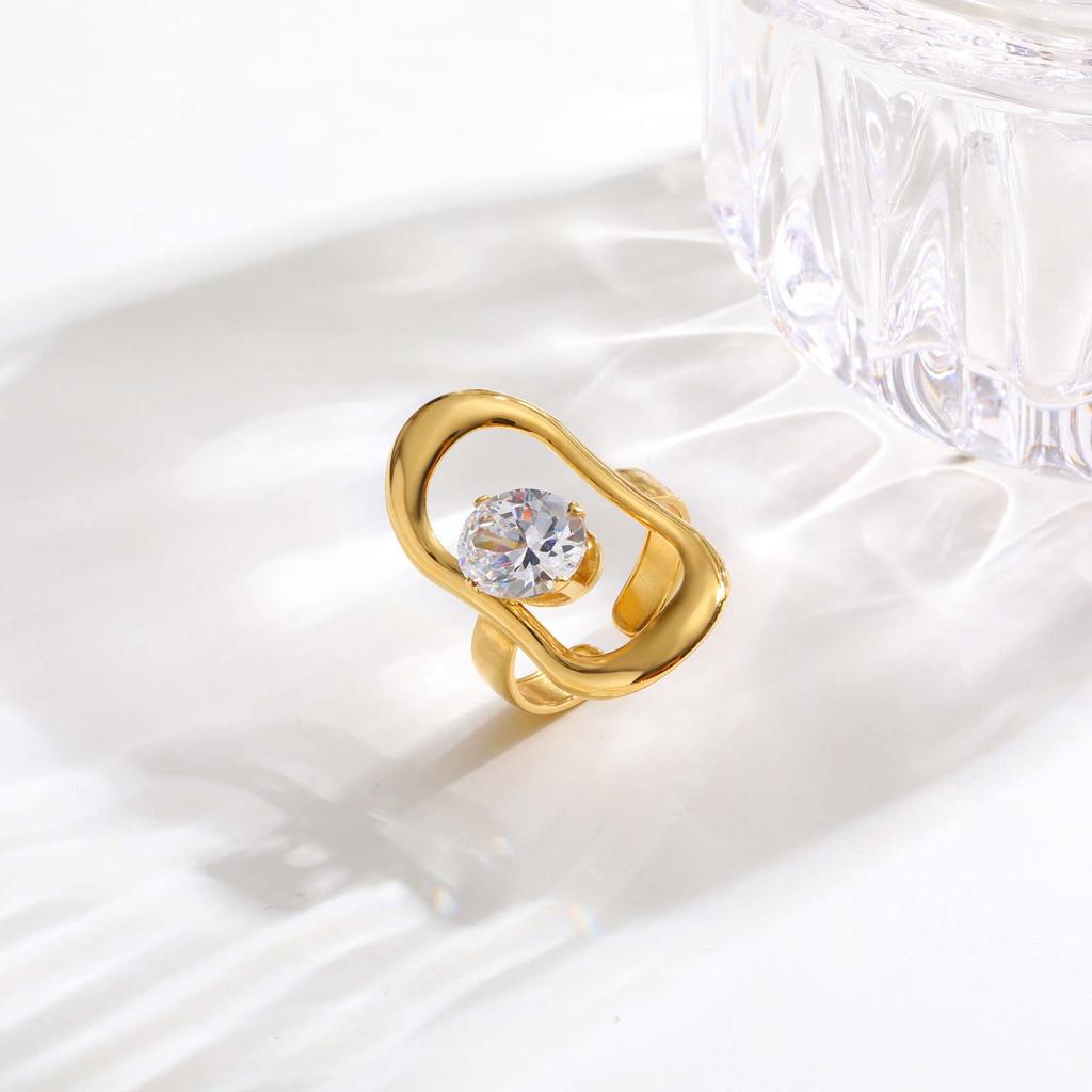 Cubic Zircon Irregular Hollow Opening Ring for Women, Geometric Twist Lines Stainless Steel Ring, Fashion Waterproof Jewelry