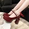 Fashion Mary Jane Shoes Women's Spring New Ultra-high Heel Pearl Chain Platform Block Heel Wedding Shoes Pumps Pearl Buckle Lolita Shoes