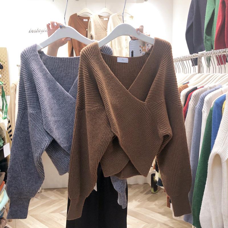 Temperament Simple cross-V-neck Loose Women's Sweater, Autumn and Winter Commuting All-match Elegant Women's Sweater Top