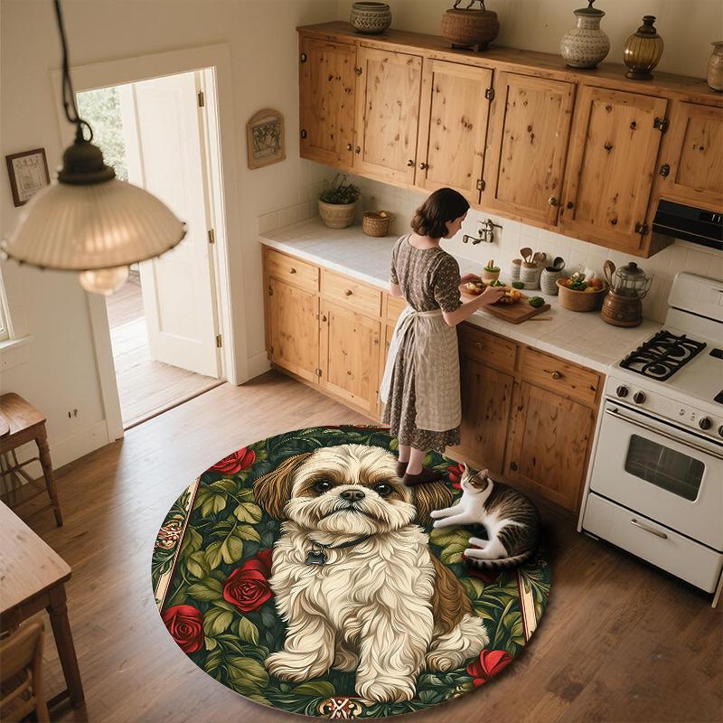 Rose Dog,Round Area Rug,Carpet Rug for Living Room Bedroom Sofa Playroom Decor,Non-slip Floor Mat