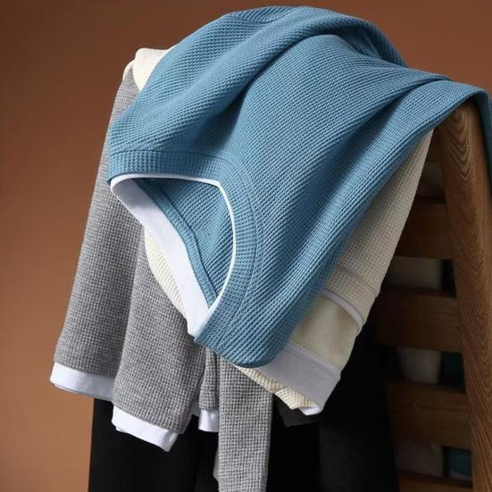 Мужской вафельный свитшот с круглым вырезом, футболка с длинным рукавом, имитация двухслойности, повседневный свободный пуловер для весны, осени, для повседневной носки, уличный стиль