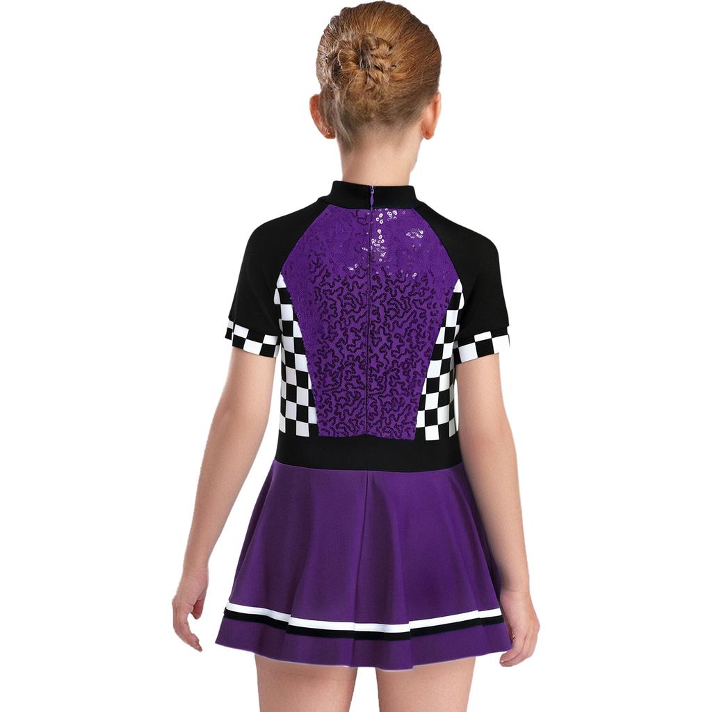 Kids Halloween Racing Costume Mock Neck Short Sleeve Back Zipper Checkerboard Sequins Dress Built-in Underwear for Theme Party