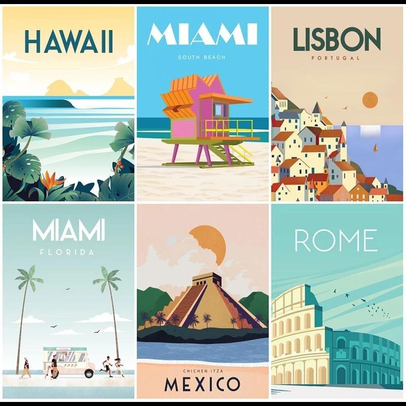 Vintage Travel Posters Canvas Print Miami Beach Illustrated Wall Art for Living Room Decor Europosters Collection Home Decor