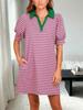 Womens Striped Polo T Shirt Dress V Neck Puff Sleeve Mini Dress with Pockets